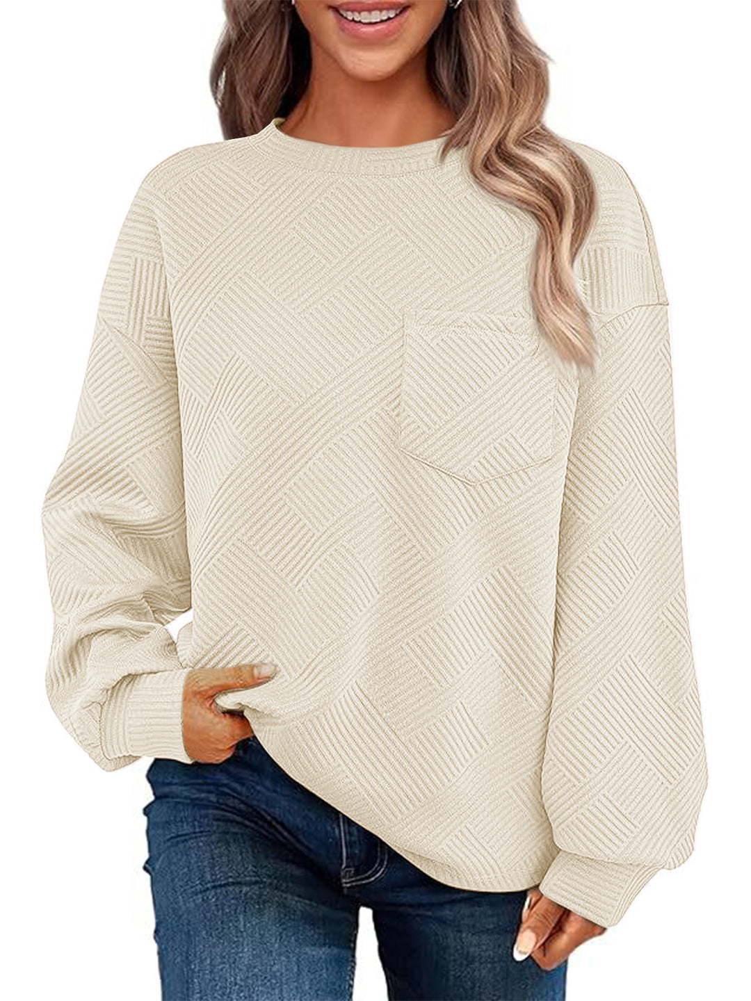 Damen Oversize Strukturstrick-Pullover mit Brusttasche Nord Taschen
