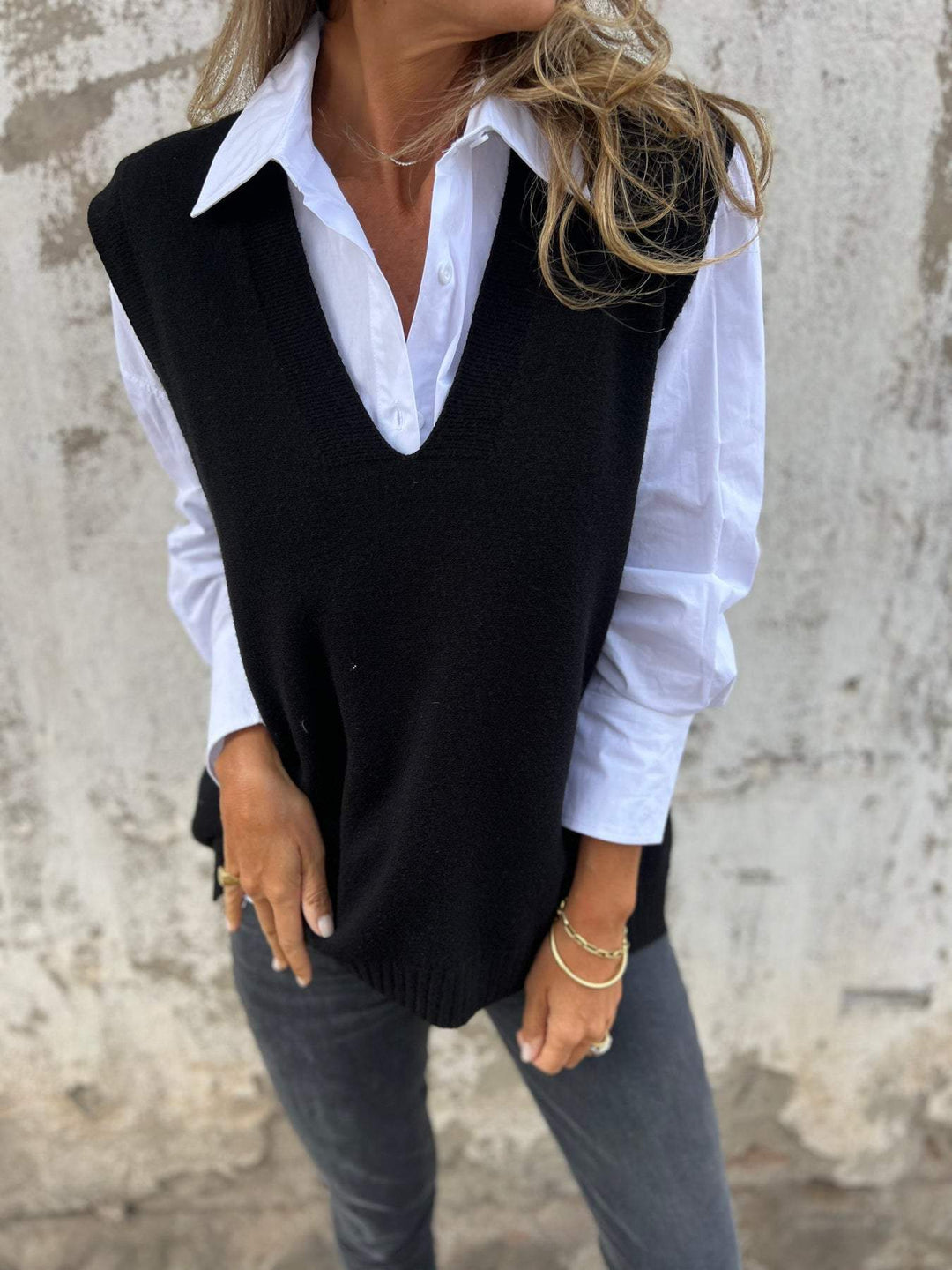 Damen lässiger Strickpullover mit V-Ausschnitt