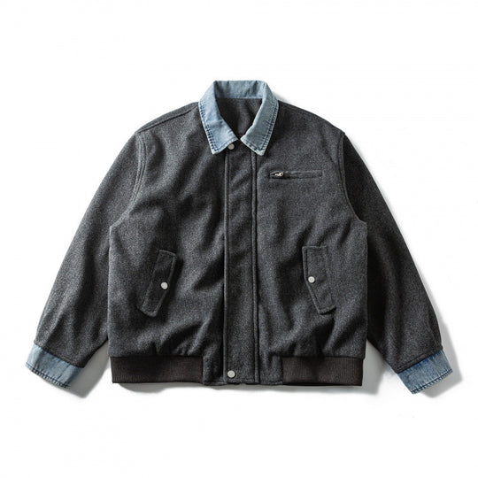 Herren Kurz geschnittener Wollmix‑Fliegerblouson mit Denim‑Kragen, verdecktem Reißverschluss und Pattentaschen Nord Taschen