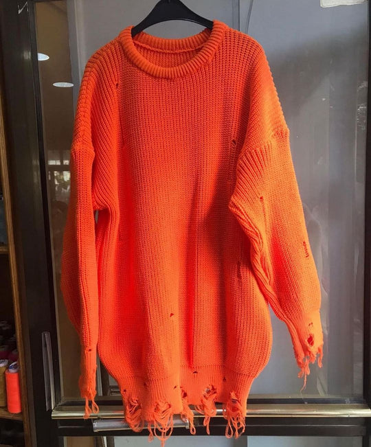 Damen Oversized Strickkleid mit Destroyed-Saum und Ballonärmeln Nord Taschen