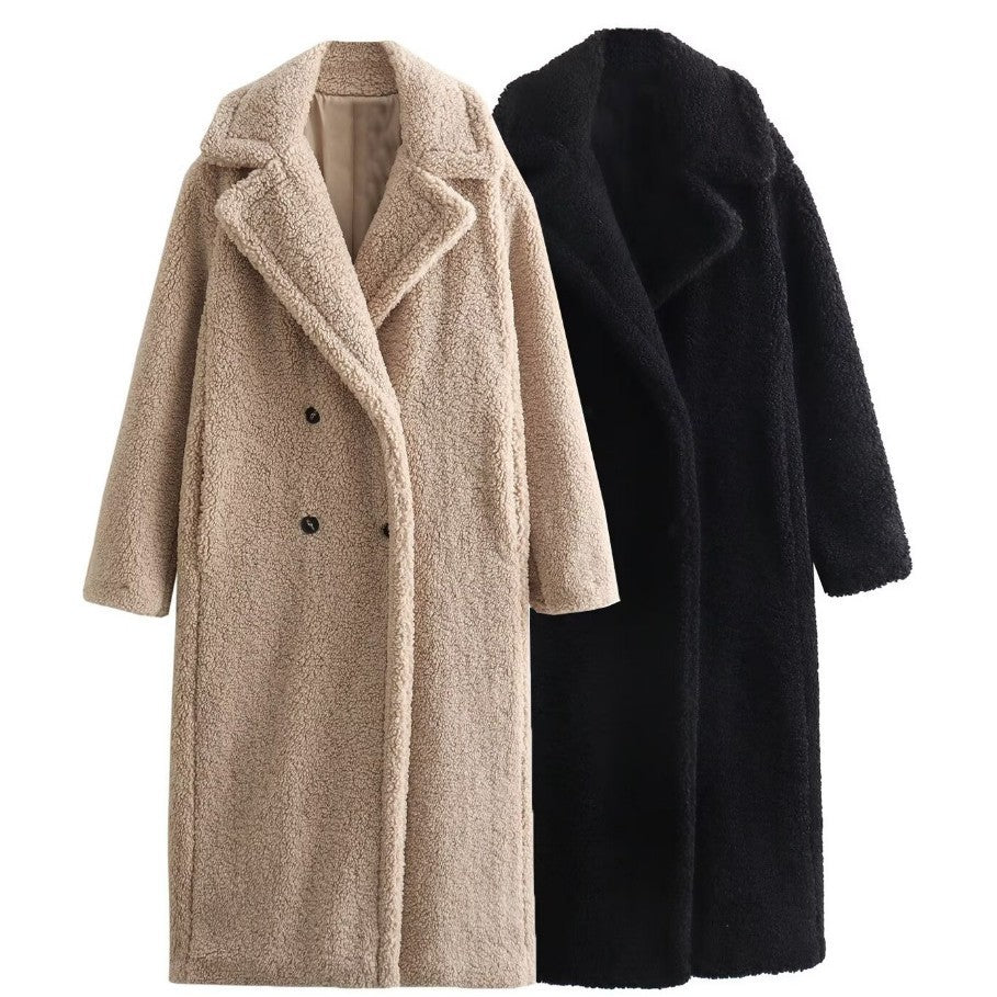Damen 900+ langer Teddy‑Mantel im Oversize‑Cut mit Doppelreihe, Reverskragen und wärmender Innenfutter Nord Taschen