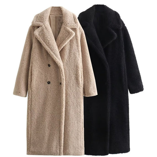 Damen 900+ langer Teddy‑Mantel im Oversize‑Cut mit Doppelreihe, Reverskragen und wärmender Innenfutter Nord Taschen