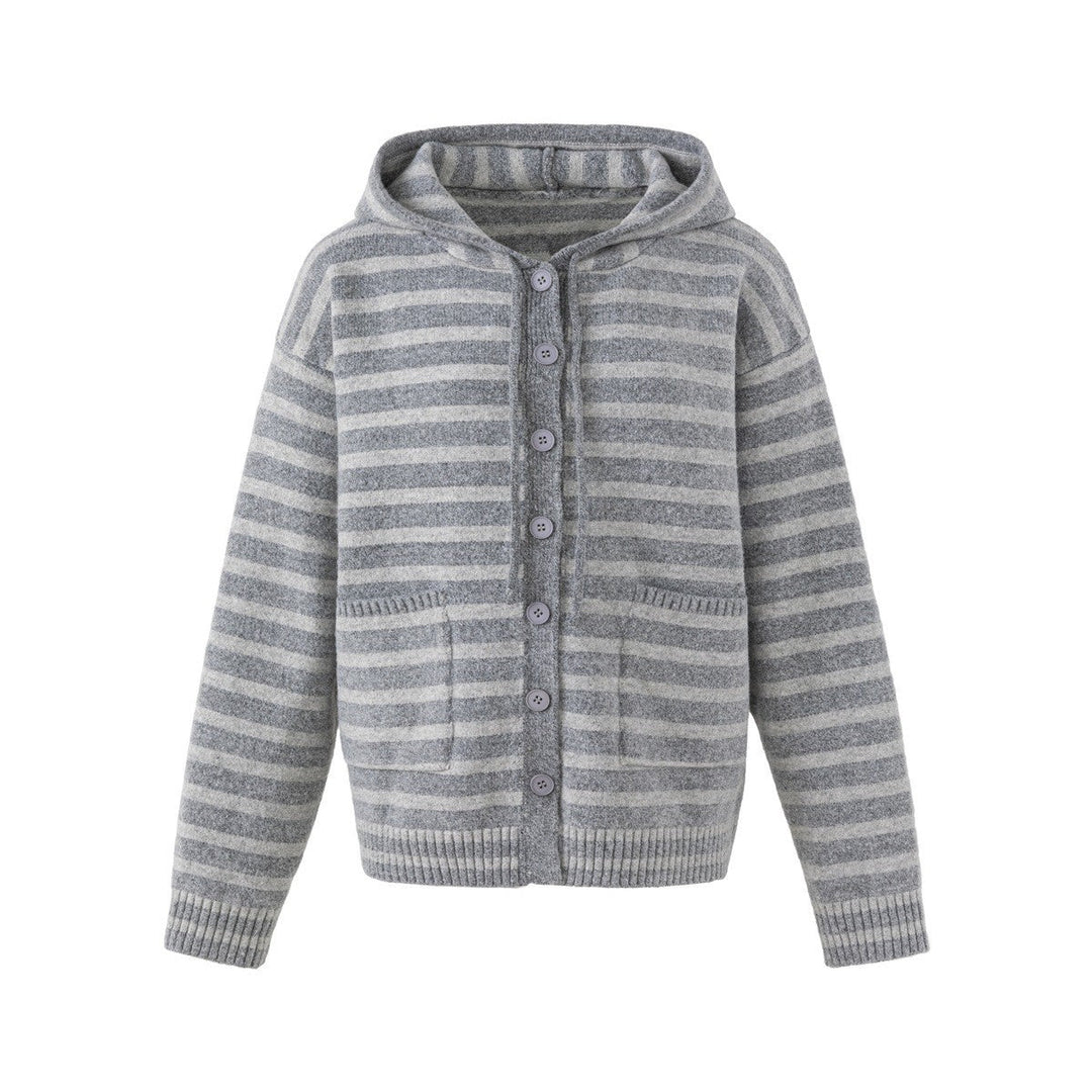 Damen Gestreifte Strickjacke mit Kapuze, durchgehender Knopfleiste und aufgesetzten Taschen Nord Taschen