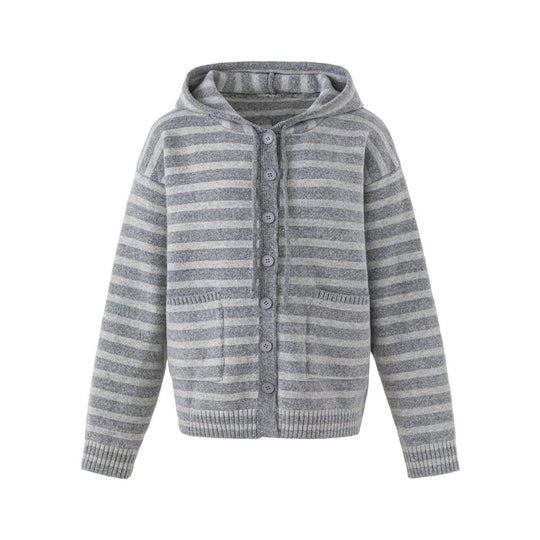 Damen Gestreifte Strickjacke mit Kapuze, durchgehender Knopfleiste und aufgesetzten Taschen Nord Taschen