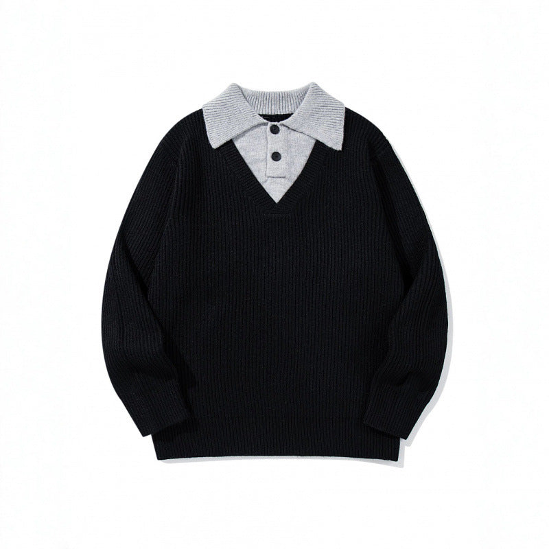 Unisex Grobstrick-Kastenpullover mit V-Ausschnitt und kontrastierendem Polo-Knopfkragen Nord Taschen