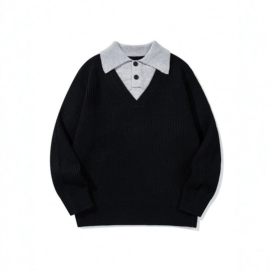 Unisex Grobstrick-Kastenpullover mit V-Ausschnitt und kontrastierendem Polo-Knopfkragen Nord Taschen