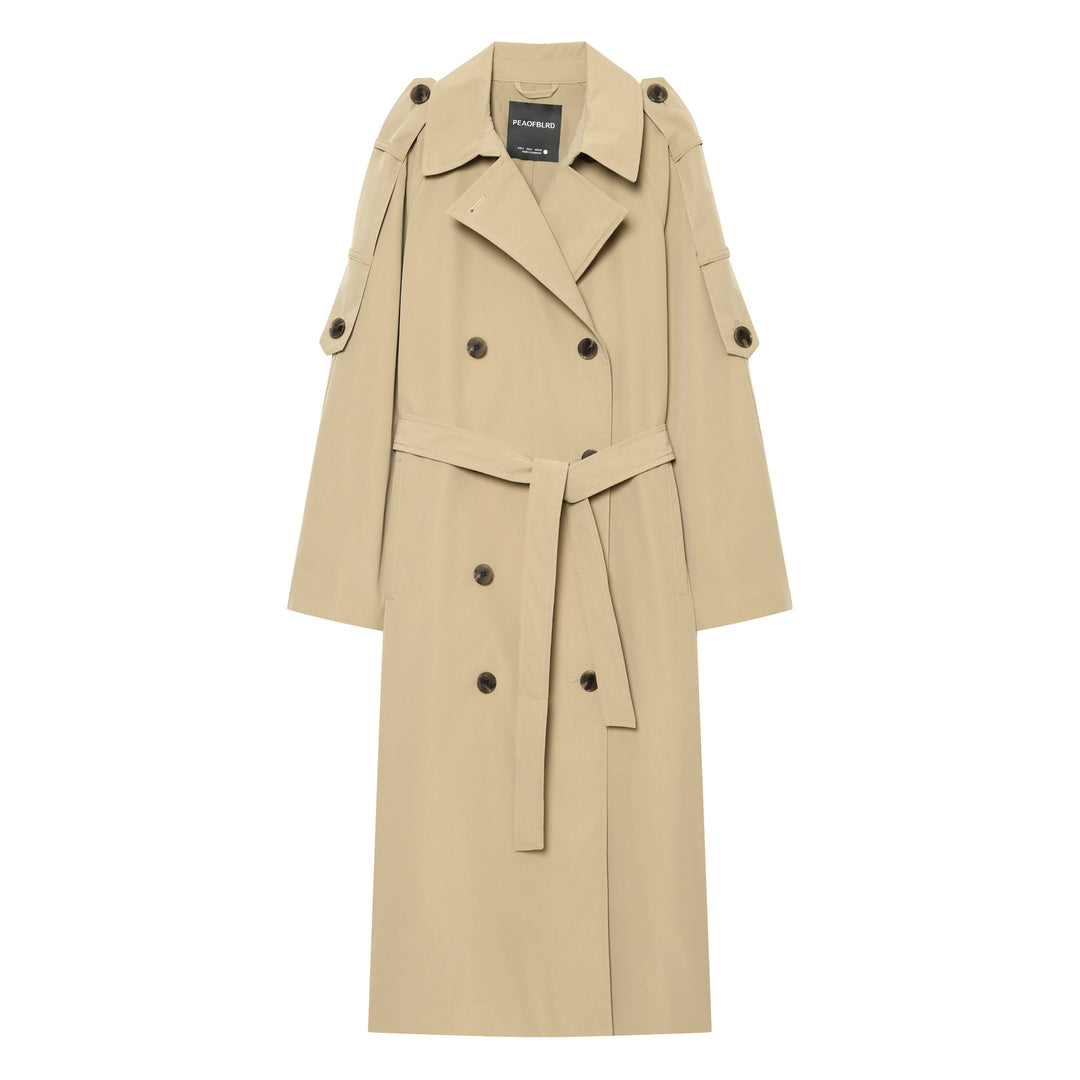 Damen Lange klassische Zweireiher‑Trench mit Bindegürtel und Ärmelriegel Nord Taschen