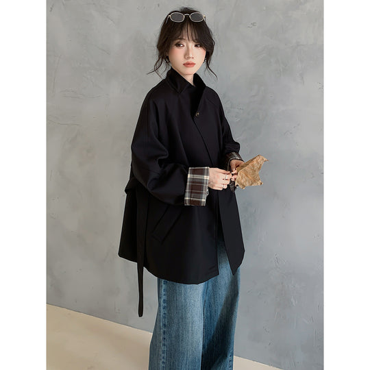 Damen Oversize Trenchcoat mit Taillengürtel und karierter Ärmelaufschlag Nord Taschen
