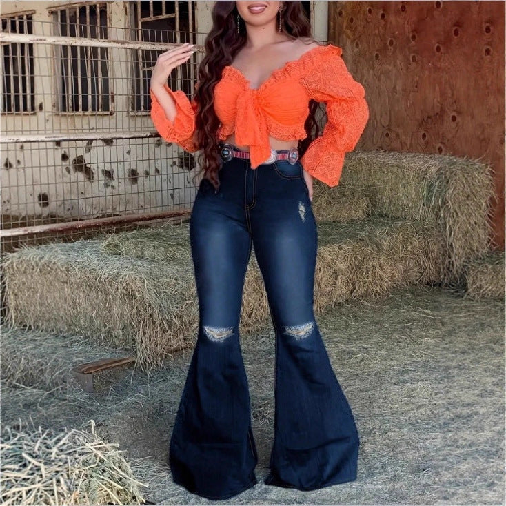 Damen Hochtaillierte Schlaghose-Jeans mit ausgestelltem Bein, Knie-Rissen und figurformendem Stretchbund Nord Taschen