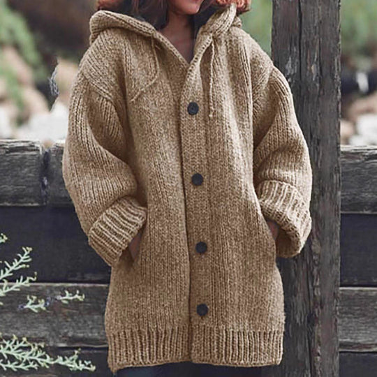 Damen Langgezogener Grobstrick-Mantelcardigan mit Kapuze, überschnittener Schulter und großen Knöpfen Nord Taschen