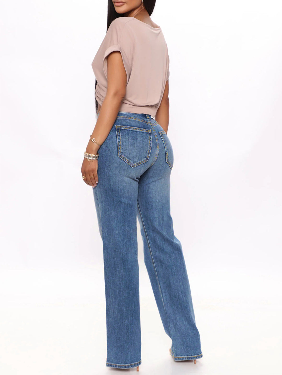 Damen Hochtaillierte Gerade‑Bein-Jeans im Retro‑Stil mit weitem Saum und Fünf‑Taschen‑Design Nord Taschen