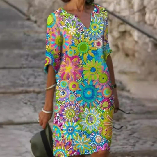 Damen lässiges Freizeitkleid mit floralen Mustern und V-Ausschnitt Nord Taschen
