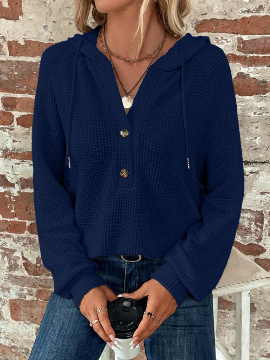 Damen locker geschnittener Waffelstrick Hoodie mit Knopfleiste und Kapuze Nord Taschen