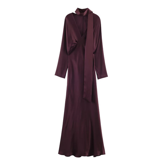 Damen Midikleid aus Satin mit tiefem V-Ausschnitt, langen Ärmeln und Schalkragen Nord Taschen