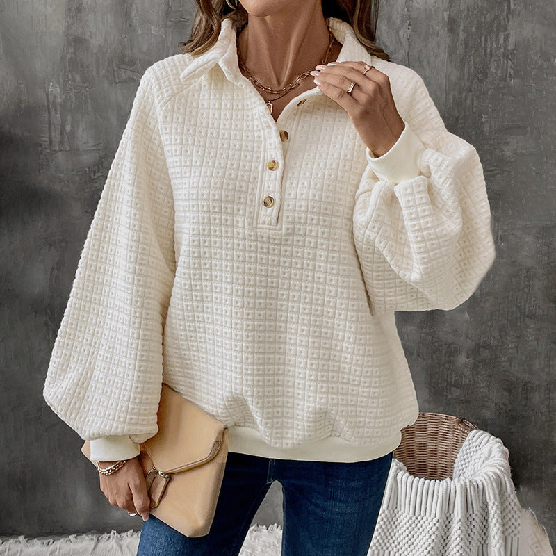 Damen Strukturierter Waffelstrick-Pullover mit Polokragen und Zierknopfleiste Nord Taschen
