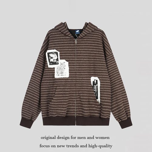 Unisex Kapuzen-Zipjacke im Oversize-Streifenlook mit Fotopatch-Applikationen Nord Taschen