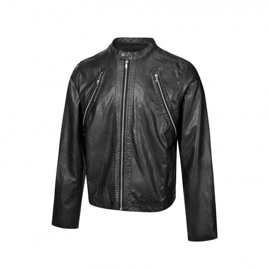 Herren Lederjacke im Bikerstil mit Stehkragen und diagonalen Reißverschlusstaschen Nord Taschen