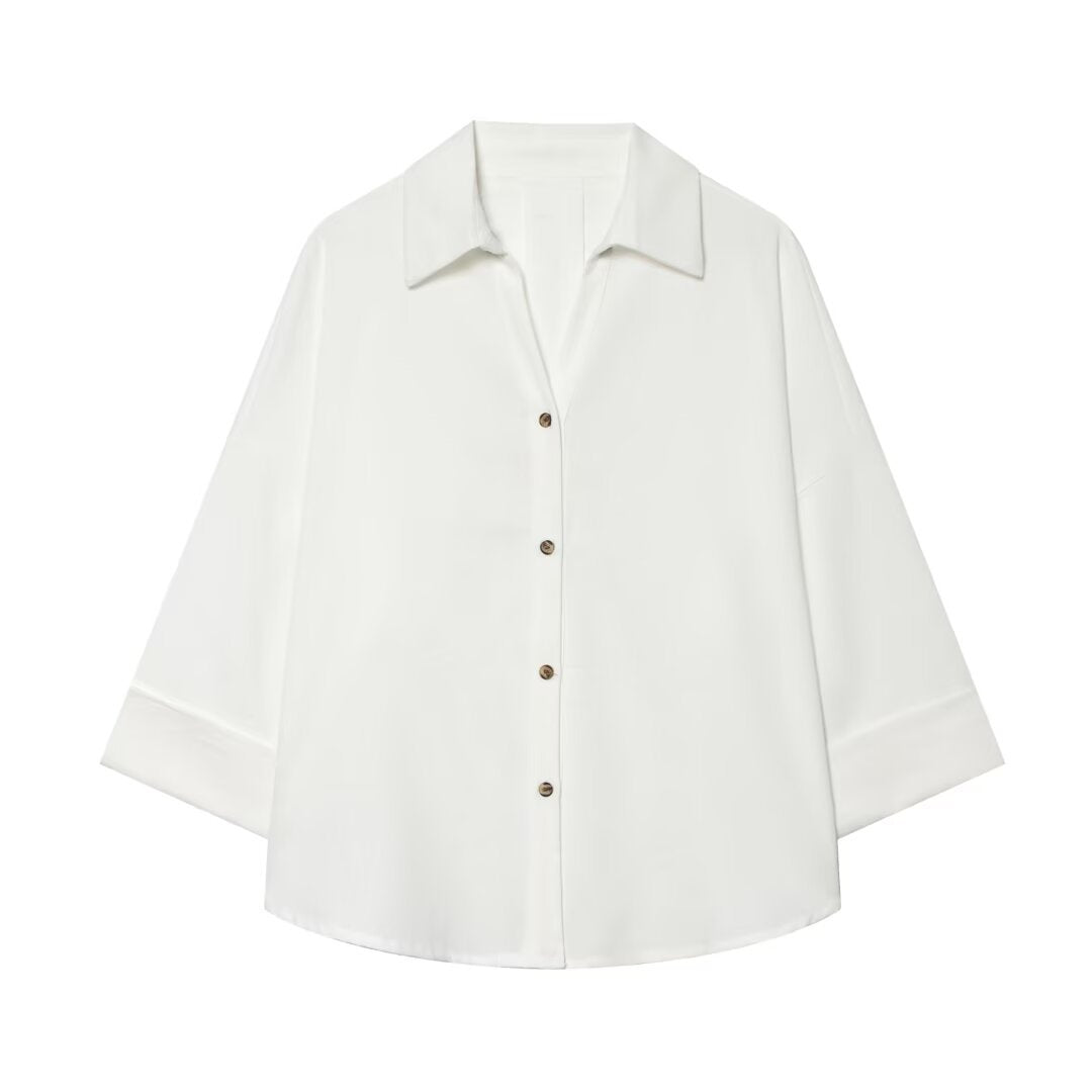Damen Oversized Hemdbluse mit kastigem Schnitt, dreiviertelärmeln und Hornknopfleiste Nord Taschen