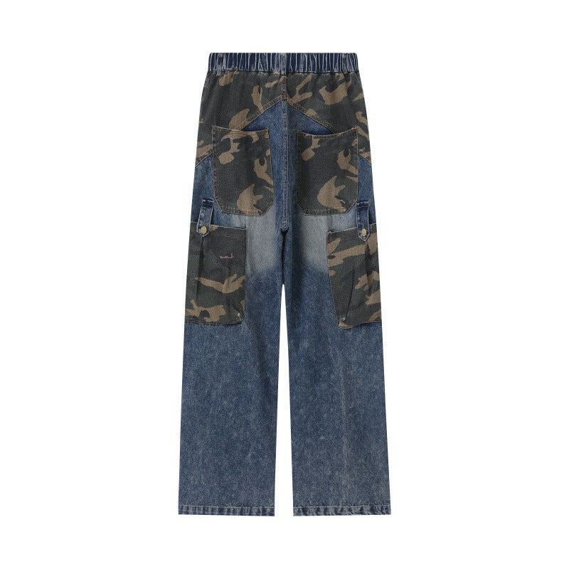 Damen Weite High‑Waist Denim‑Cargohose mit Camouflage‑Einsätzen Nord Taschen