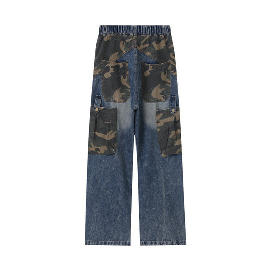 Damen Weite High‑Waist Denim‑Cargohose mit Camouflage‑Einsätzen Nord Taschen