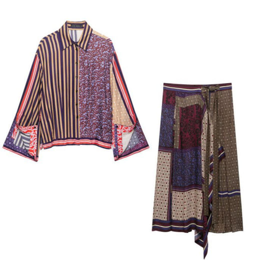 Damen Gemusterte Patchwork‑Bluse mit weitem Glockenärmel und Hemdkragen Nord Taschen