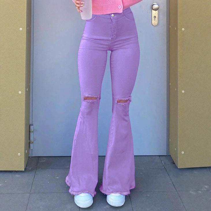 Damen Hochgeschnittene Stretch-Flared-Jeans mit Knieausriss, ausgestelltem Bein und rohem Saum Nord Taschen