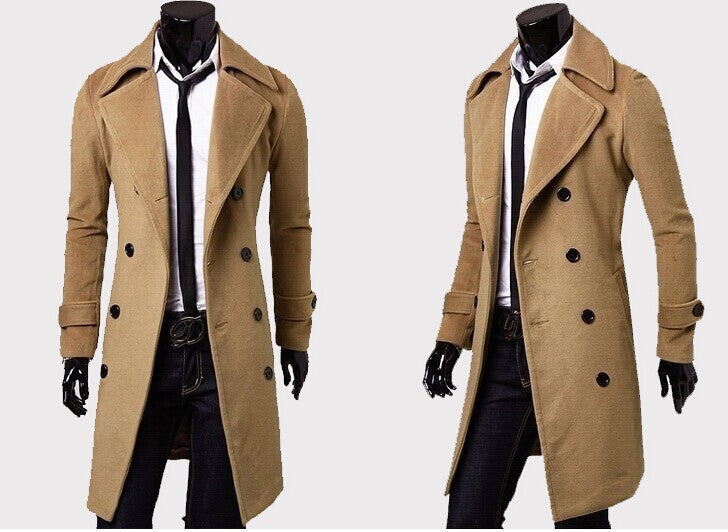 Herren taillierter zweireihiger Trenchcoat aus Wollmix mit klassischem Revers und Rückenschlitz Nord Taschen