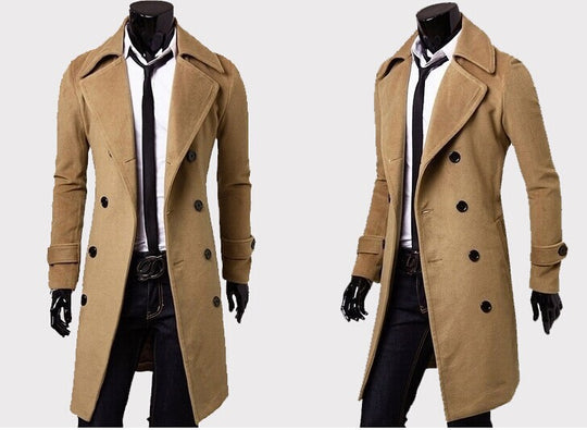 Herren taillierter zweireihiger Trenchcoat aus Wollmix mit klassischem Revers und Rückenschlitz Nord Taschen