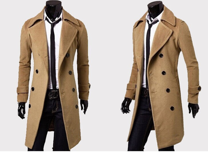 Herren taillierter zweireihiger Trenchcoat aus Wollmix mit klassischem Revers und Rückenschlitz Nord Taschen