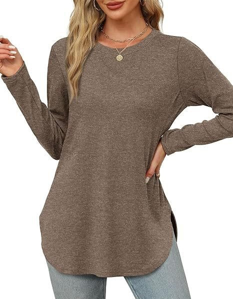 Damen Lässiges Longsleeve-Tunikaoberteil mit Rundhalsausschnitt, Seitenschlitzen und Aquarell-Blattprint Nord Taschen
