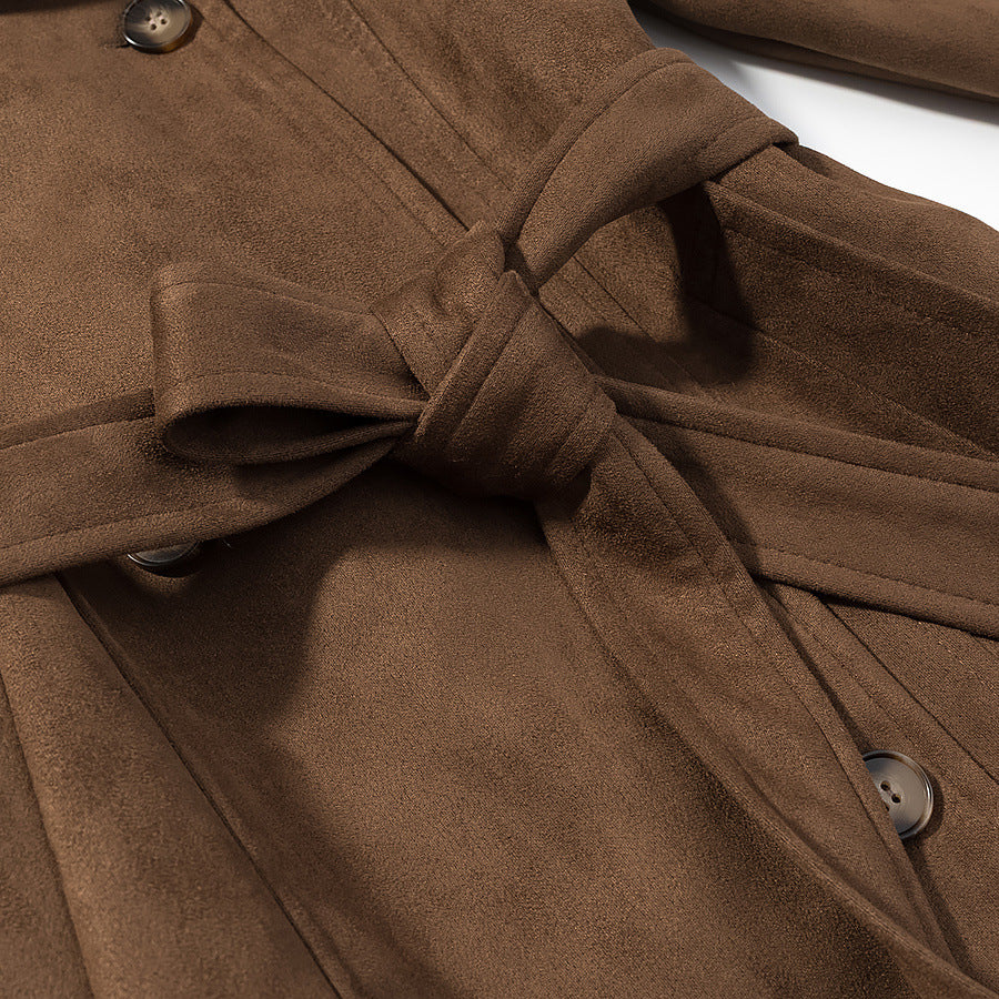 Damen Kurz-Trenchcoat in Wolloptik Doppelreiher mit Taillengürtel Nord Taschen