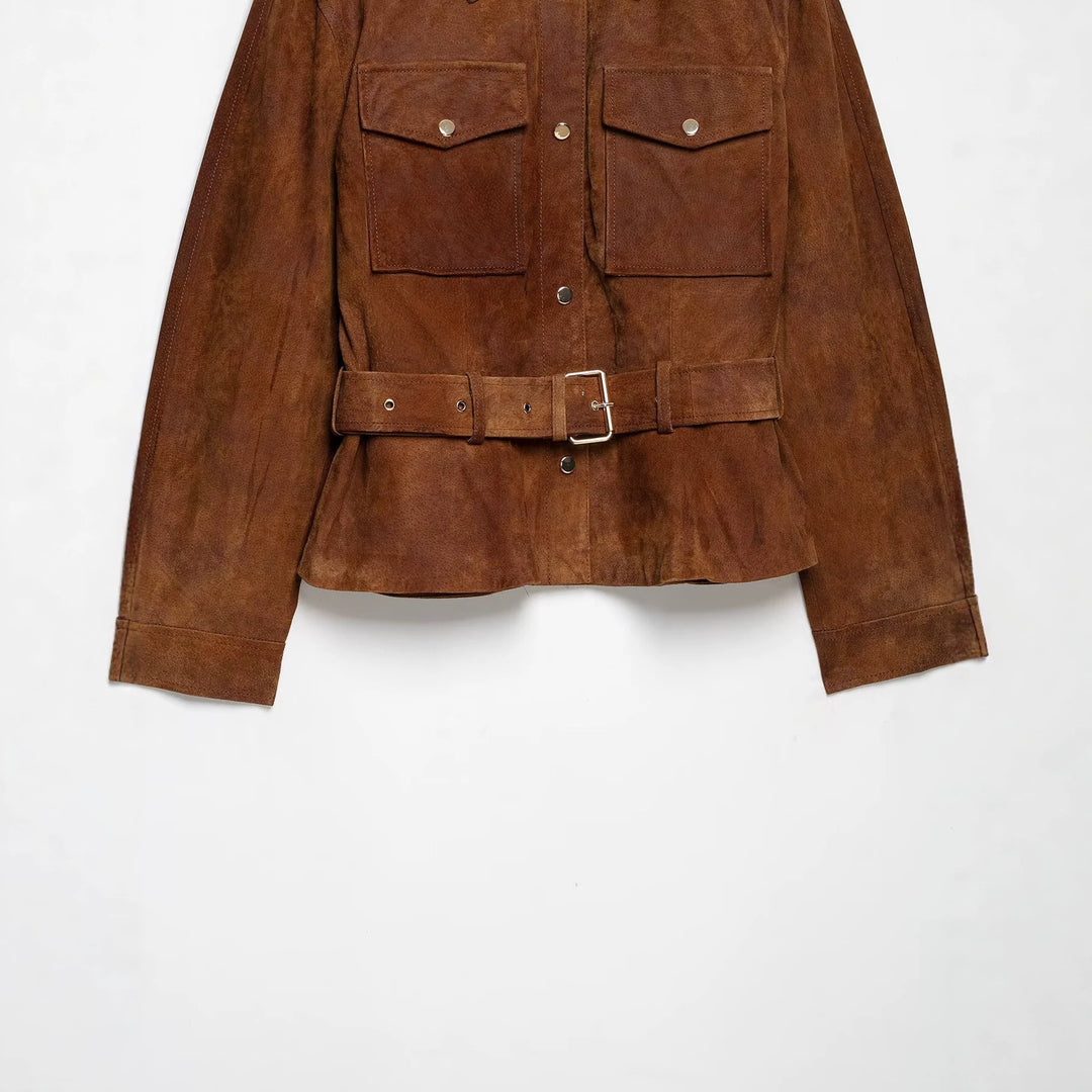 Damen Kurzjacke im Safari‑Stil aus Veloursleder mit Taillengürtel und aufgesetzten Brusttaschen Nord Taschen