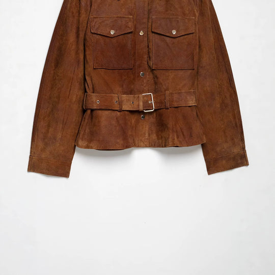 Damen Kurzjacke im Safari‑Stil aus Veloursleder mit Taillengürtel und aufgesetzten Brusttaschen Nord Taschen