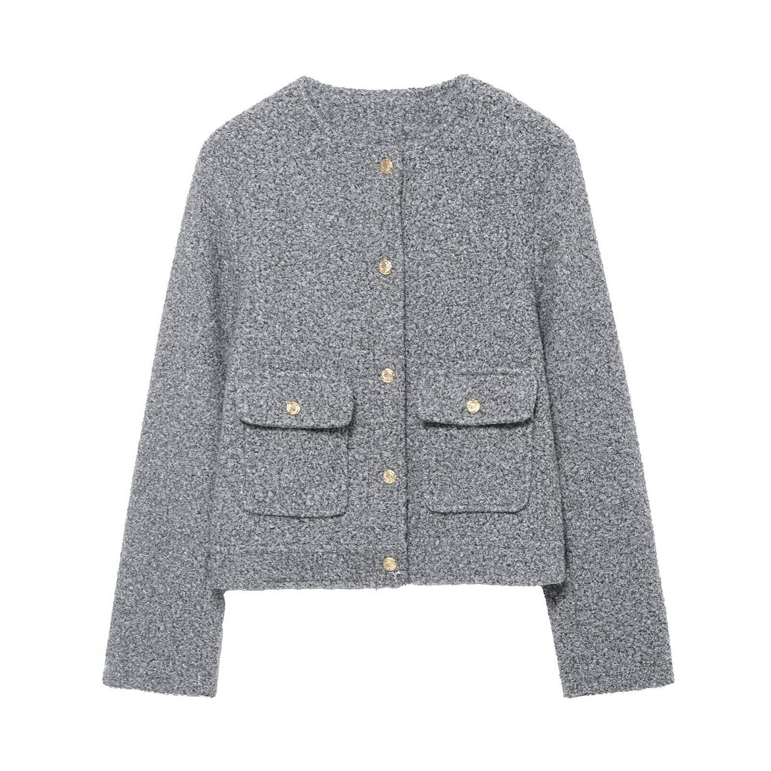 Damen Bouclé-Boxy-Jacke mit goldenen Knöpfen und aufgesetzten Taschen Nord Taschen