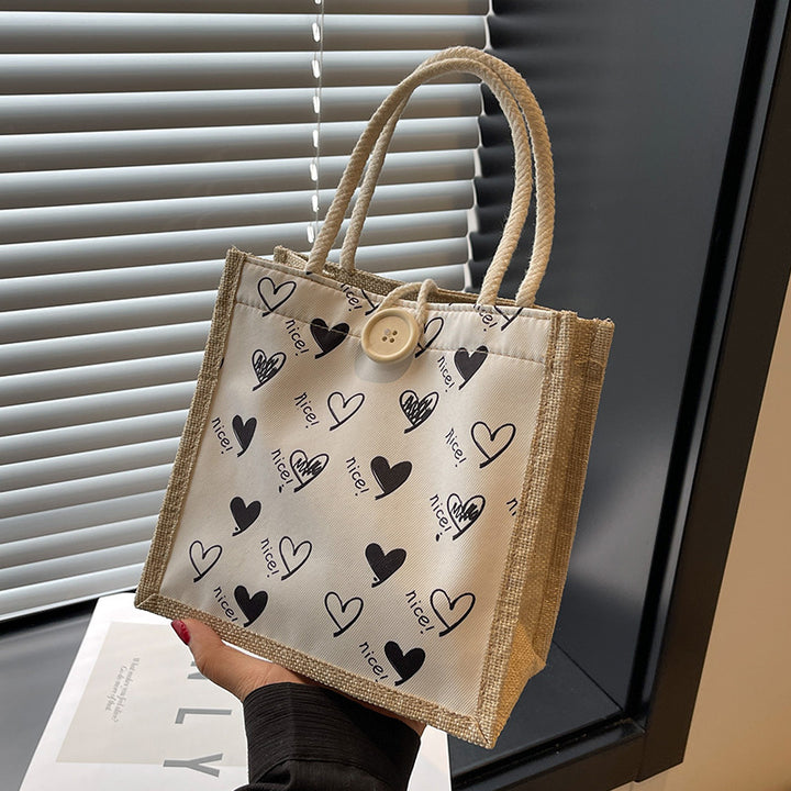 Damen Jute-Tragetasche mit verspieltem Herzdesign und Buttonverschluss Nord Taschen