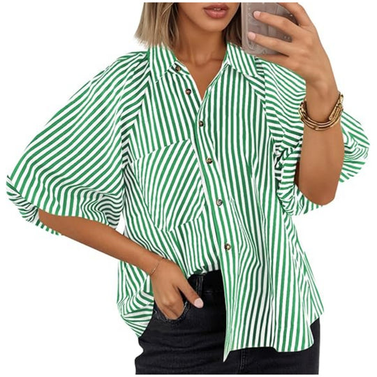 Damen Oversize Hemdbluse mit Ballonärmeln und vertikalem Streifenmuster Nord Taschen
