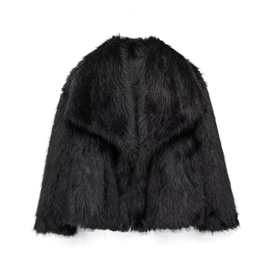 Damen Kurzbolero im Boxy-Cut aus veganem Shaggy-Kunstpelz mit XXL-Schalkragen Nord Taschen