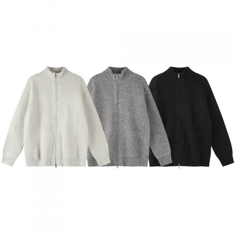 Unisex Grobgestrickter Reißverschluss-Strickcardigan mit Stehkragen und Rippstruktur Nord Taschen
