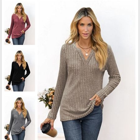 Damen Feines Ripp-Strickshirt mit tiefem V‑Ausschnitt und Tunika‑Länge Nord Taschen