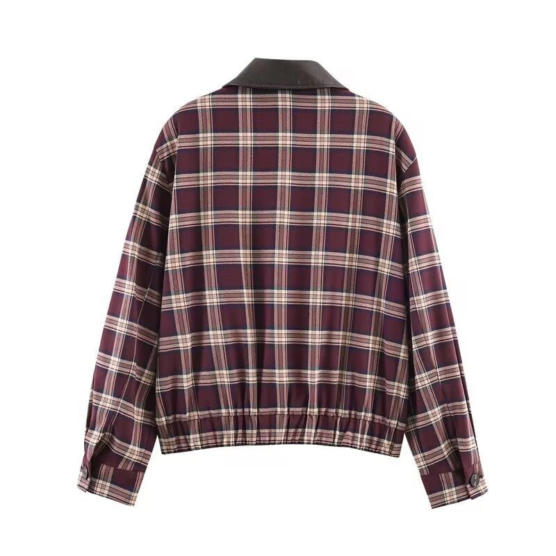 Damen Karierte Blousonjacke mit kontrastierendem Lederkragen und elastischem Saum Nord Taschen