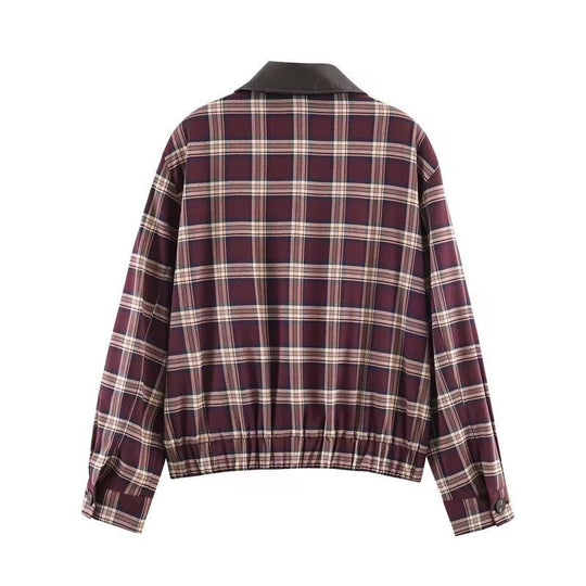 Damen Karierte Blousonjacke mit kontrastierendem Lederkragen und elastischem Saum Nord Taschen