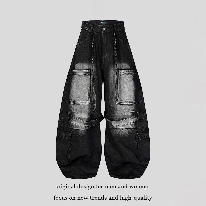 Damen Weite Denim-Cargo-Hose im Balloon-Schnitt mit großen Aufsatztaschen und geflochtenem Gürtel Nord Taschen