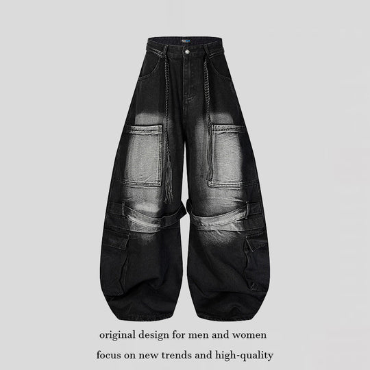 Damen Weite Denim-Cargo-Hose im Balloon-Schnitt mit großen Aufsatztaschen und geflochtenem Gürtel Nord Taschen