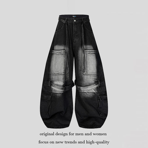 Damen Weite Denim-Cargo-Hose im Balloon-Schnitt mit großen Aufsatztaschen und geflochtenem Gürtel Nord Taschen