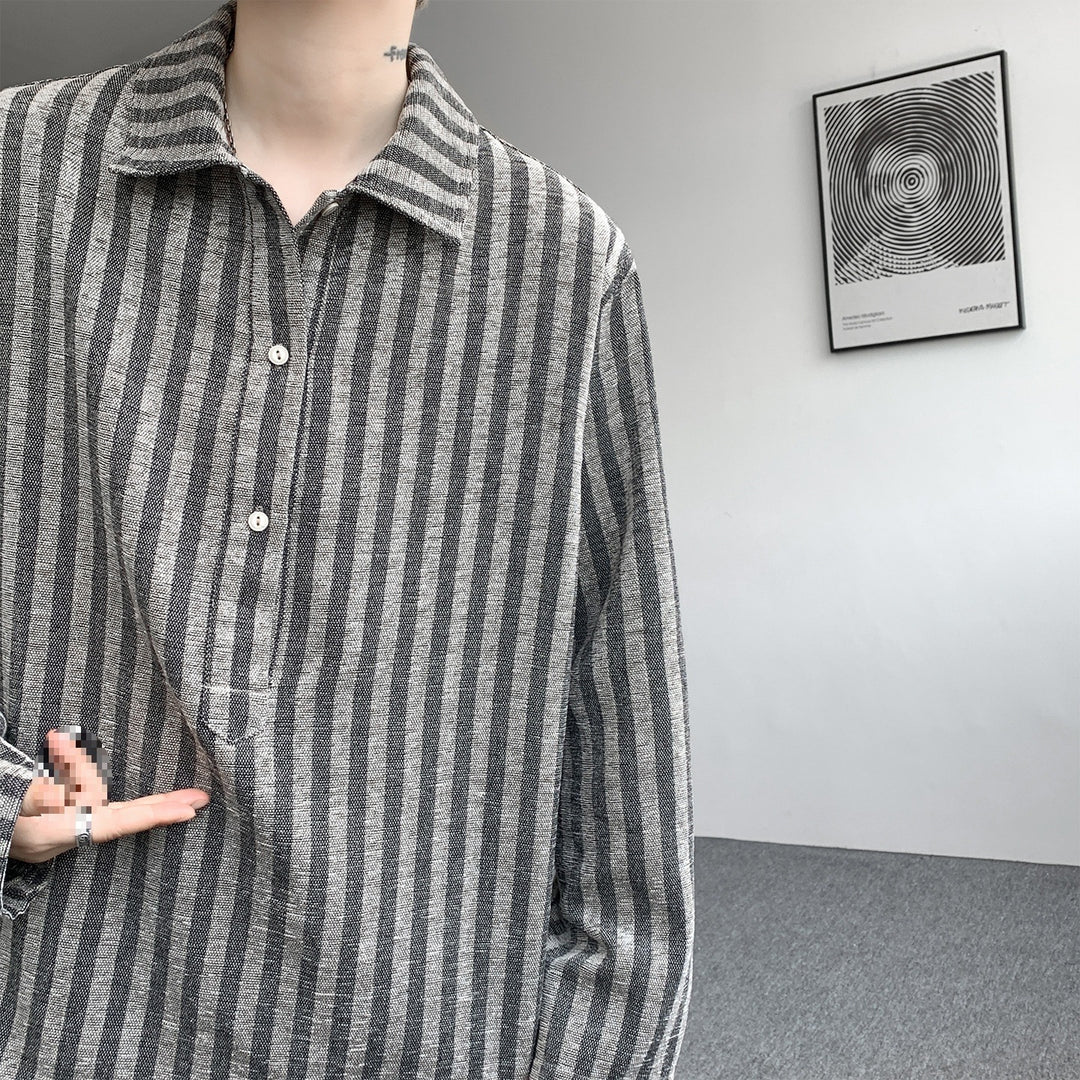 Herren Oversize Langarm-Hemd mit Polokragen, gestreifter Struktur & halber Knopfleiste Nord Taschen