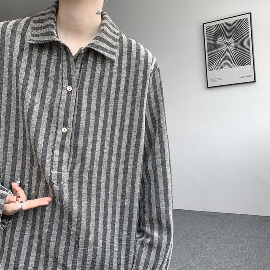 Herren Oversize Langarm-Hemd mit Polokragen, gestreifter Struktur & halber Knopfleiste Nord Taschen