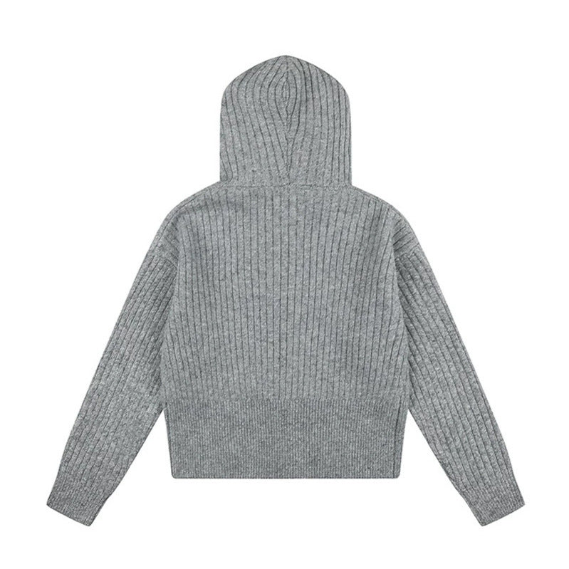 Damen Hochwertige Rippenstrick-Kapuzenjacke mit Zwei-Wege‑Reißverschluss und abnehmbarem Kunstfellkragen Nord Taschen