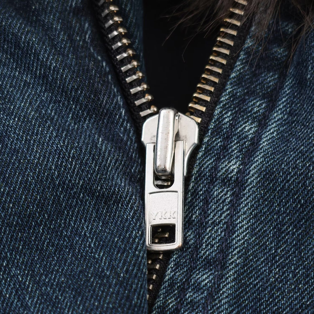 Damen Oversize-Jeansjacke mit voluminösem Kunstpelzkragen und elastischem Saum Nord Taschen