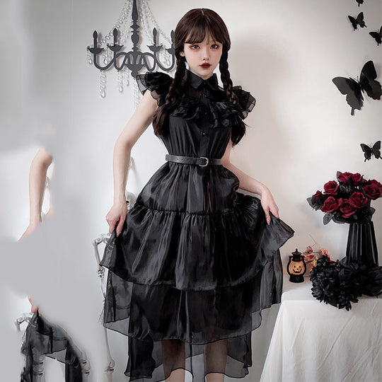 Damen Elegantes Maxi-Kleid mit voluminösen Rüschen und Taillengürtel Nord Taschen