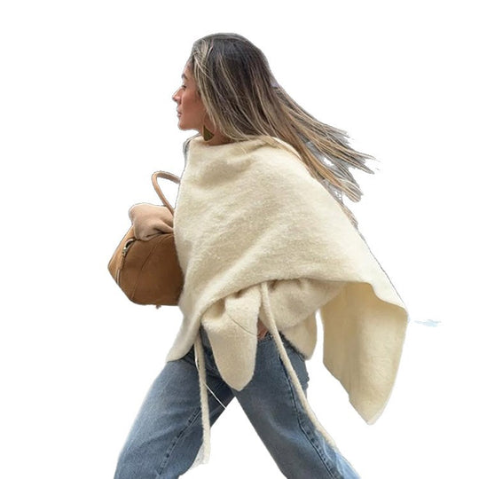 Damen Oversize Wollmix-Poncho mit asymmetrischem Fall und Bindebändern Nord Taschen
